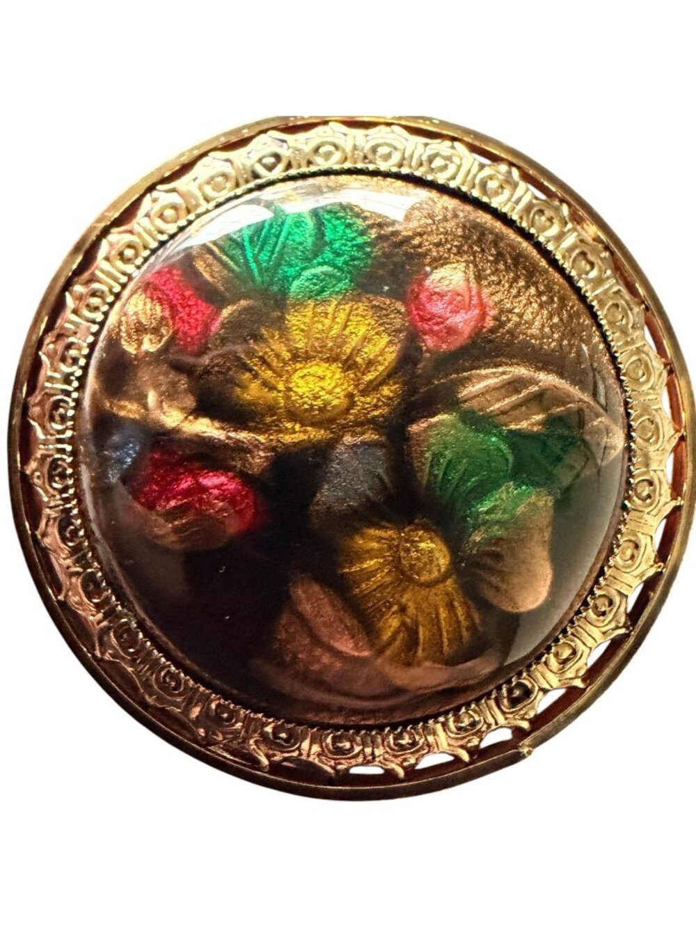 Vintage Reverse Carved Lucite Brooch Gold Tone Floral Pin 1950s New Old Stock